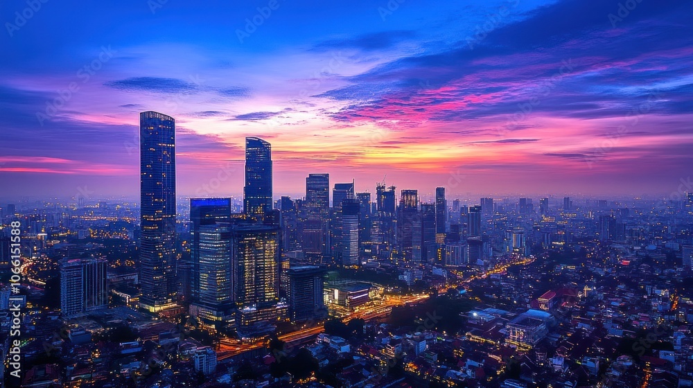 Fototapeta premium Urban Skyline at Dusk with Vibrant Purple and Pink Clouds