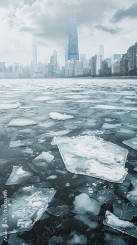 Cracked Ice in City Foreground. Shows cracks in the ice near a city, highlighting the urgent effects of rising temperatures on ecosystems photo