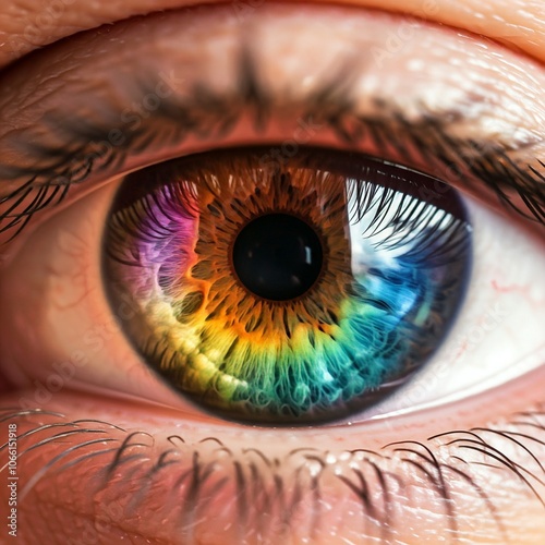 A visually striking and detailed image of a human eye. The iris is a kaleidoscope of rainbow colors and intricate patterns, creating a beautiful and unique composition.