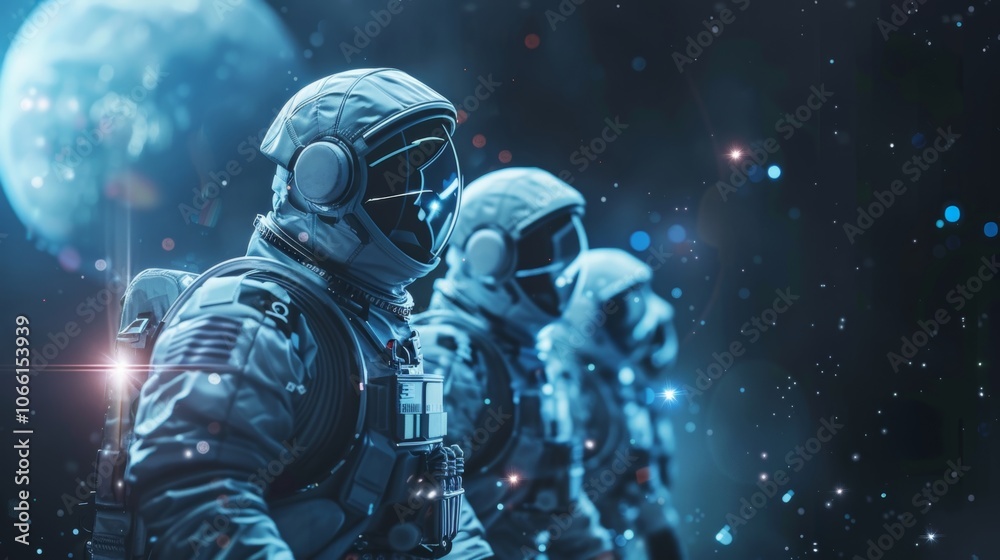 Naklejka premium Team of astronauts in advanced spacesuits is observing a nearby planet from the vastness of space, showcasing the potential of future space exploration and technological advancements