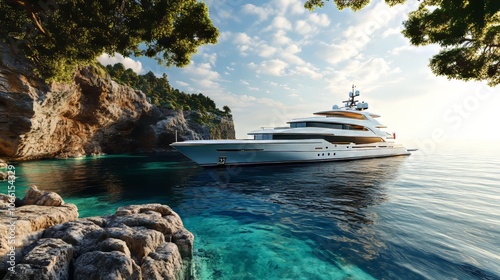 Fototapeta Naklejka Na Ścianę i Meble -  A luxury yacht in crystal waters, hypermaximalist, advertising photography, hyper realistic, fine detail,
