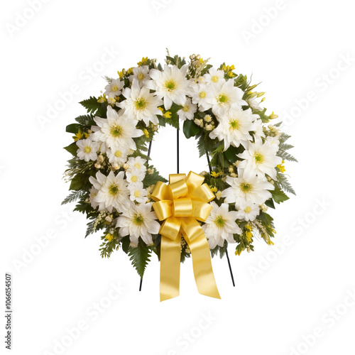 White Funeral Wreath with Yellow Bow