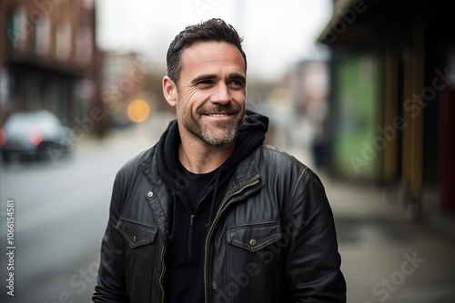 Portrait of a handsome middle aged man smiling at the camera outdoors