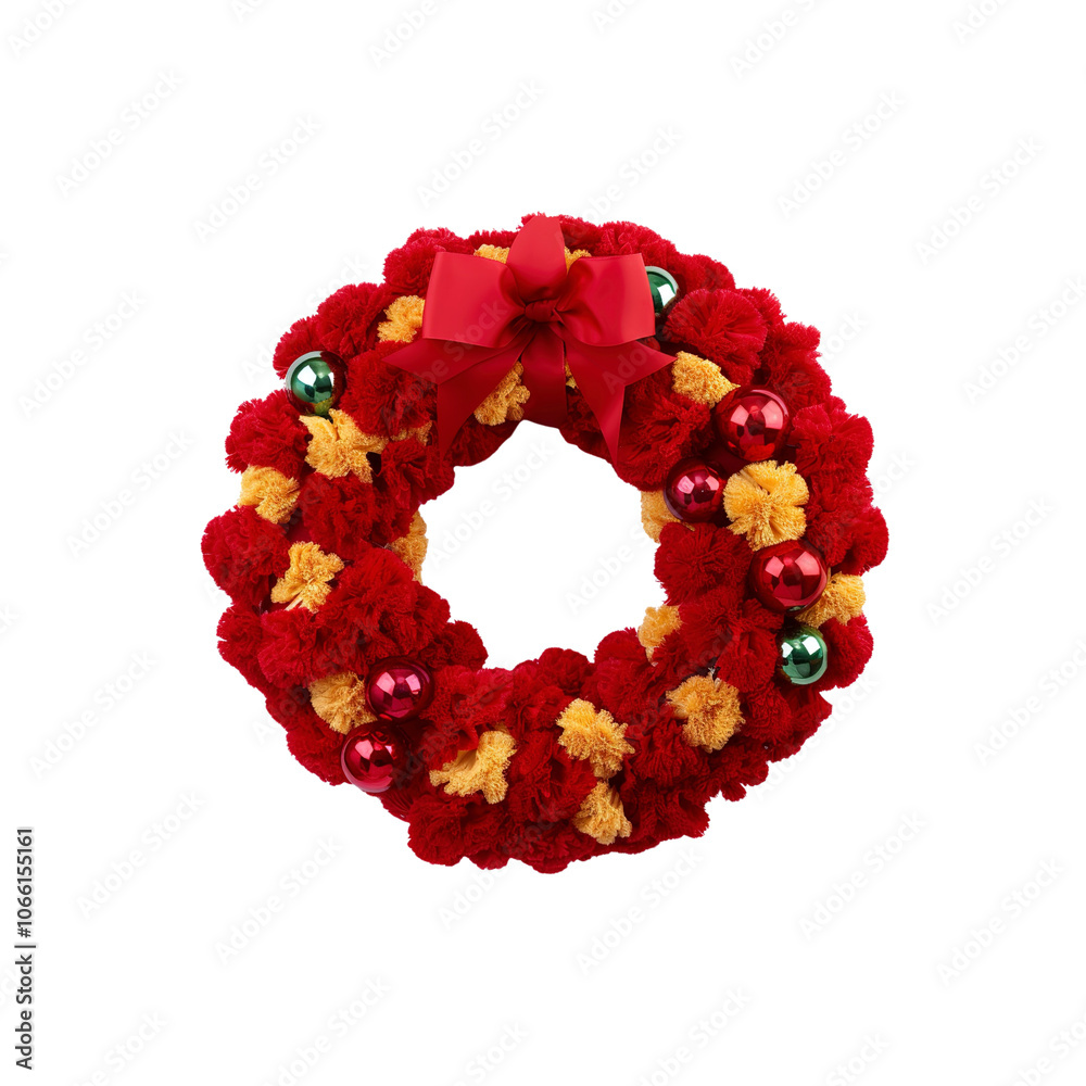 Festive Red and Yellow Pom Pom Christmas Wreath with Red Bow