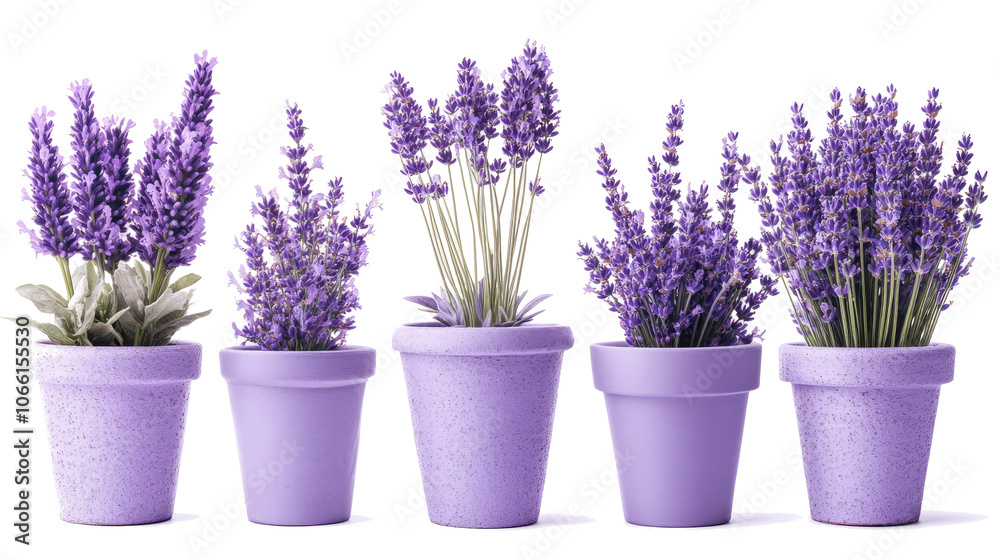 Five Lavender Flower Pots Arranged on a Transparent Background Generative AI