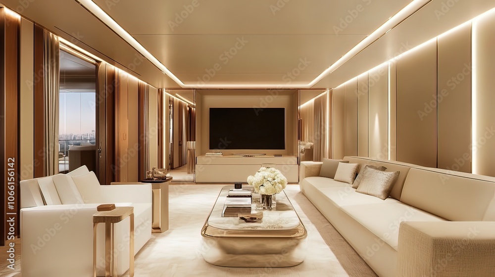 Fototapeta premium Modern living room with beige walls, a large couch, two armchairs, a coffee table with flowers, and a large TV.