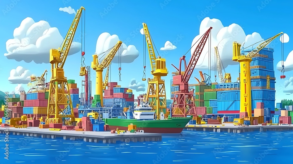 Naklejka premium Cargo Ship Docked at Busy Port.