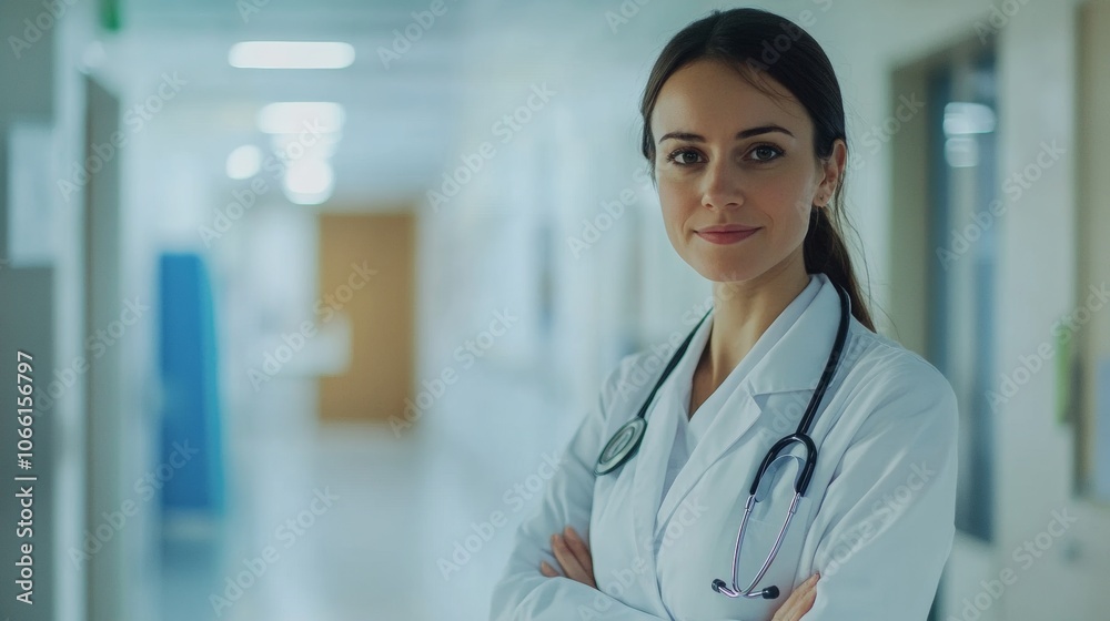 female doctor in white coat with stethoscope confidence ready for work medical clinic hospital blurred background with copy space. female doctor in white coat with stethoscope confidence ready for work medical clinic hospital blurred background with copy space.