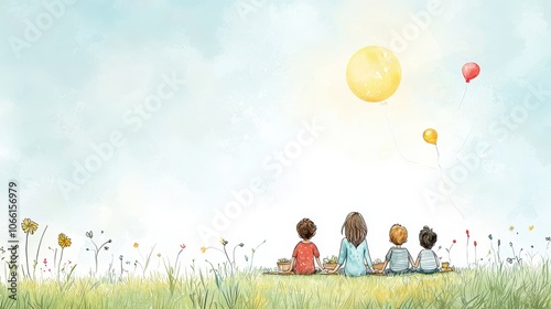 A serene illustration of four children sitting in a field, gazing at colorful balloons and the sky, evoking a sense of wonder and childhood joy.
