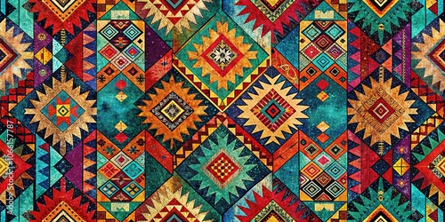 Abstract Native American Patchwork Fabric Print Wallpaper Design