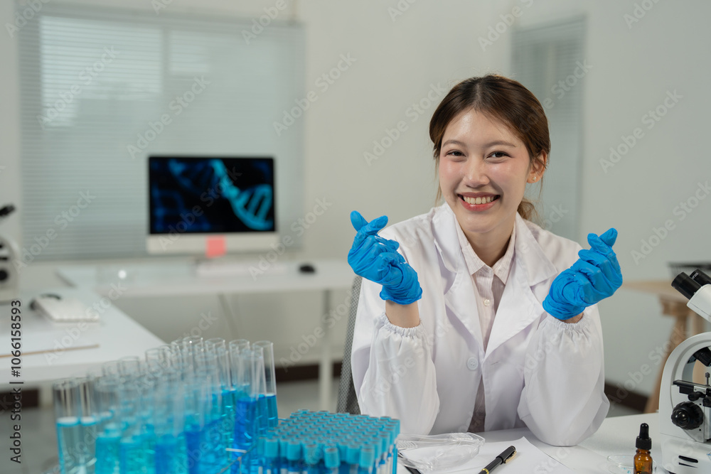 Fototapeta premium Female scientist wearing blue gloves and lab coat smiling and gesturing with her hands while sitting at a desk in a modern laboratory with test tubes and a microscope
