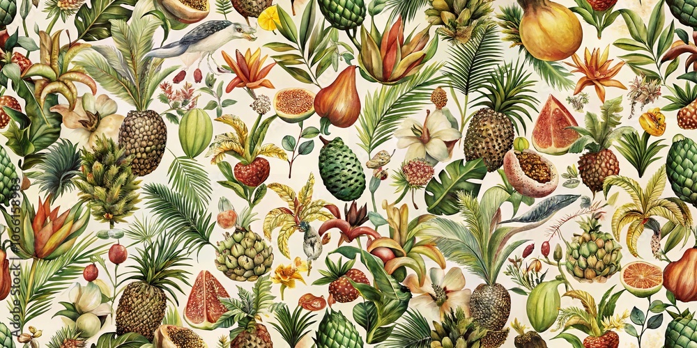 Obraz premium Tropical fruit and botanical pattern with lush foliage and exotic blooms