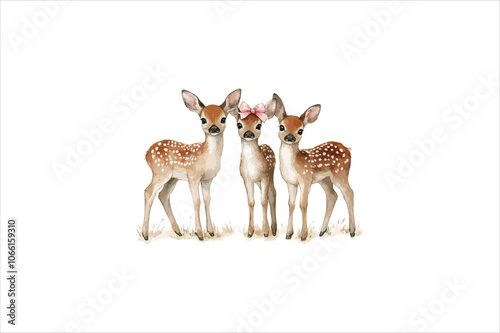 watercolor Cute Christmas deer with a pink bow. Cute Pink Christmas Reindeer