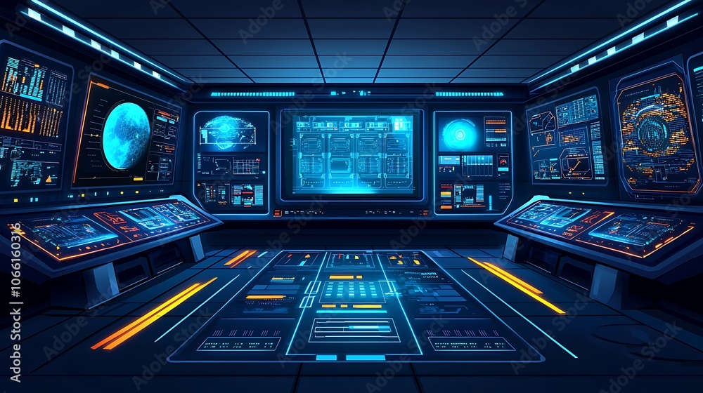 Obraz premium Futuristic Control Room with Interactive Displays and Interfaces.