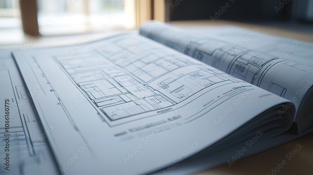 Open blueprints on a wooden table.