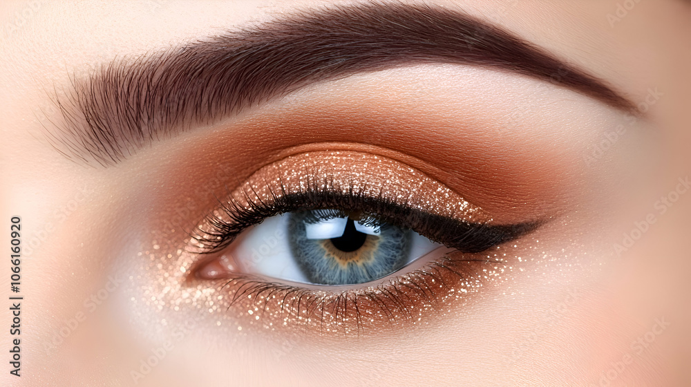 Fototapeta premium Close-up of Blue Eye with Shimmery Makeup, eyes, blue eyes, eyelashes, eyeshadow, glitter
