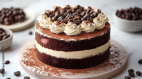 Mocha Coffee Cake - layers of chocolate and coffee with whipped cream and cocoa powder, isolated on white