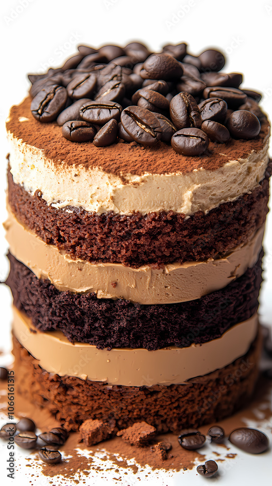 Mocha Coffee Cake - layers of chocolate and coffee with whipped cream and cocoa powder, isolated on white Mocha Coffee Cake - layers of chocolate and coffee with whipped cream and cocoa powder, isolated on white