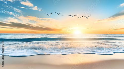 Sunrise over the Ocean with Seagulls, beach, waves, shore, sky, clouds