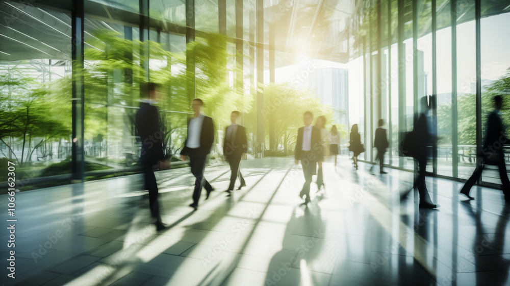 Sustainability theme. business people walking in an eco-friendly office building Sustainability theme. business people walking in an eco-friendly office building