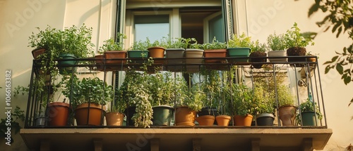 Balcony garden with various potted plants. photo