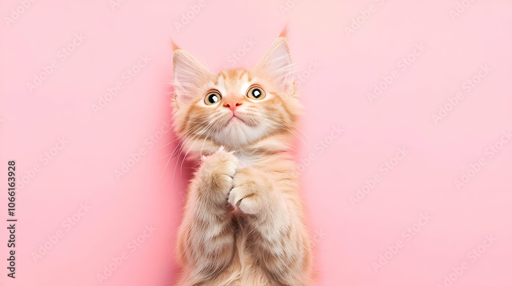 Cute Ginger Kitten Looking Up On Pink Background, cat, orange, adorable, fluffy, paws Cute Ginger Kitten Looking Up On Pink Background, cat, orange, adorable, fluffy, paws