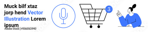 Microphone icon, shopping cart with notification badge, and person making a gesture. Ideal for e-commerce, online shopping, customer interaction, notifications, technology, voice recognition, user