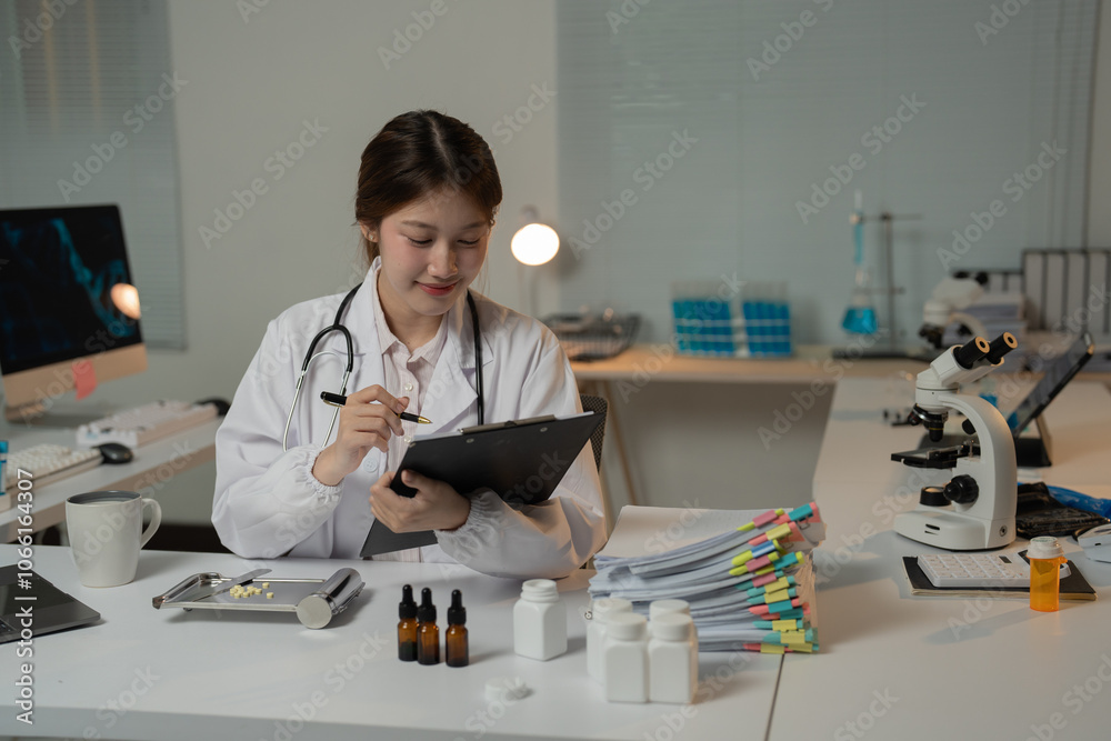 Young female doctor wearing lab coat and stethoscope writing notes on clipboard while sitting at desk in medical office with computer, microscope, medicine bottles and documents Young female doctor wearing lab coat and stethoscope writing notes on clipboard while sitting at desk in medical office with computer, microscope, medicine bottles and documents