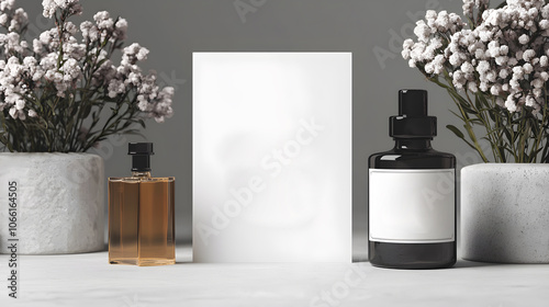 Two bottles of perfume and a white card with a logo on it photo