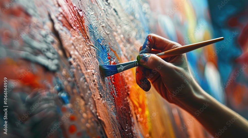 Detailed hand brush strokes on colorful abstract painting close-up Detailed hand brush strokes on colorful abstract painting close-up