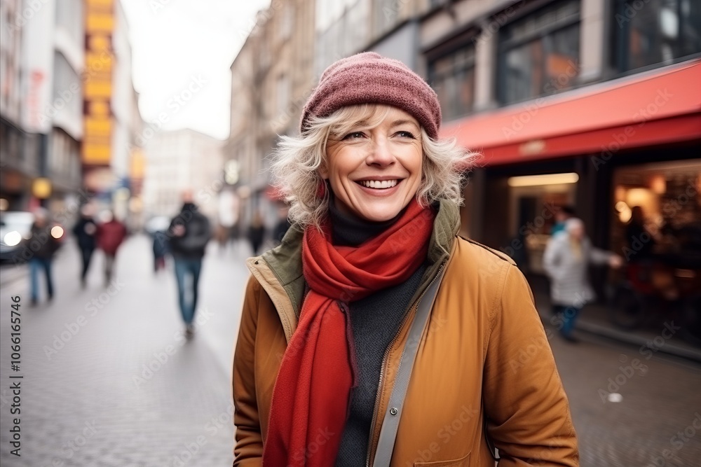 Portrait of smiling middle-aged woman with red scarf and hat in the city Portrait of smiling middle-aged woman with red scarf and hat in the city