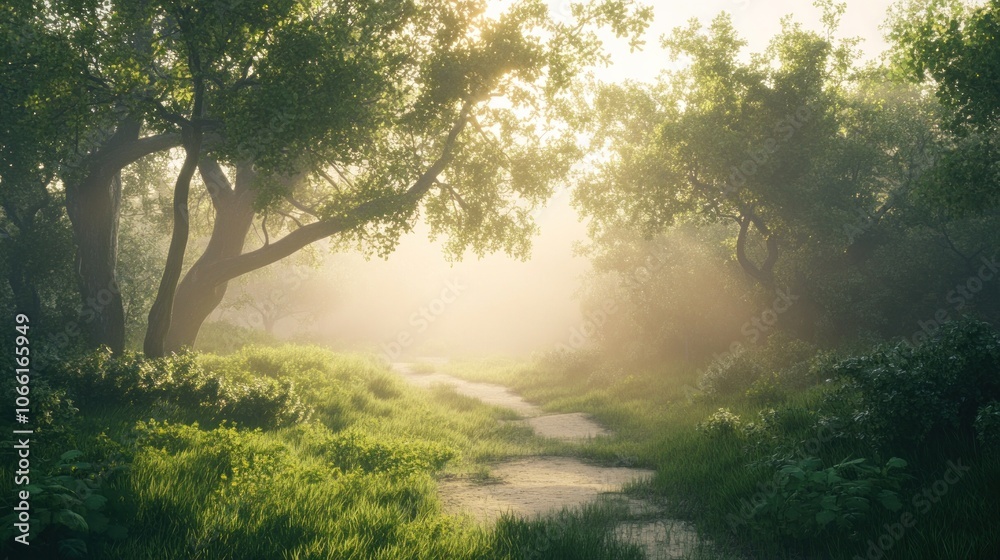 A Sunlit Path Through a Misty Forest A Sunlit Path Through a Misty Forest