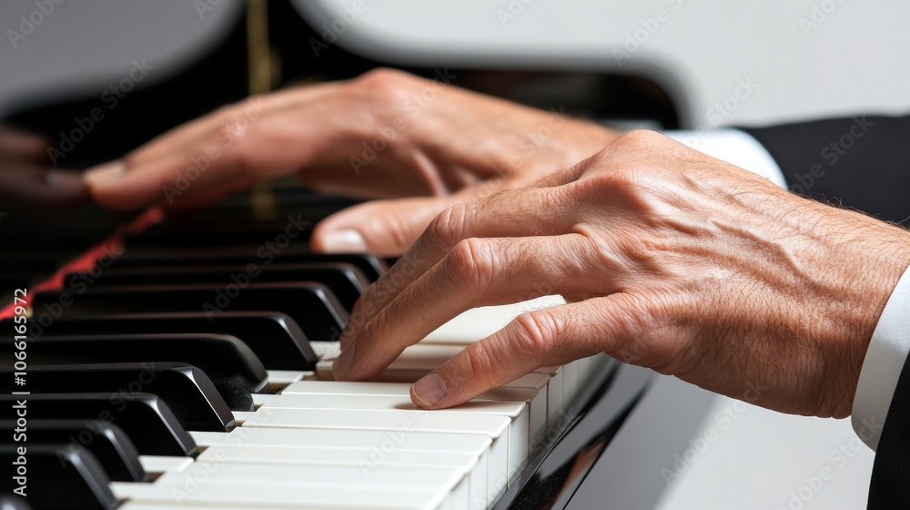 Fototapeta premium Top view of a person's hands playing a piano on a simple clean music musical musician hobby leisure background