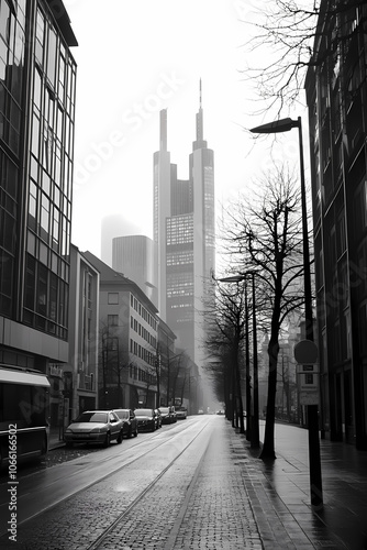 Architecture shot of a street, low angle, skyscrapers, modern glass and steel architecture, cloudy misty diffuse light, black & white photography.