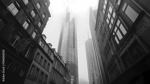 Architecture shot of a street, low angle, skyscrapers, modern glass and steel architecture, cloudy misty diffuse light, black & white photography. photo