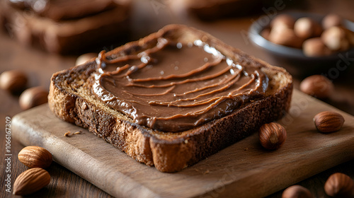 Chocolate Hazelnut Spread on Toast with Almonds, chocolate spread, bread, nuts, breakfast, snack