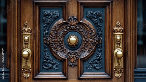 Detailed shot of a classic wooden door with polished brass handles and intricate carvings.