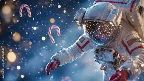 astronaut floats in space surrounded by festive candy canes and sparkling lights.