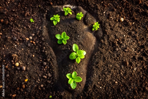 footprint on earth with green sprout. Environment restore and growth photo