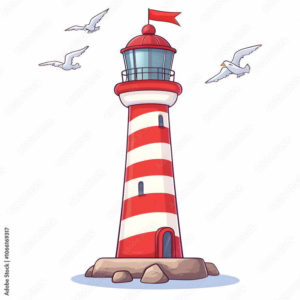Cartoon Lighthouse with Seagulls, birds, red and white, nautical, ocean, coast