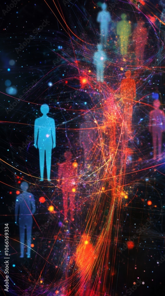 Fototapeta premium A dynamic illustration of people icons interconnected by glowing lines, symbolizing the powerful network of online business and social media marketing connections. 