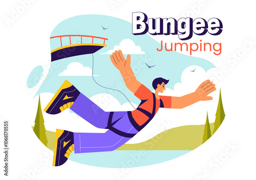 Bungee Jumping Vector Illustration featuring a Person Falling from a Great Height with an Elastic Rope in an Extreme Sport Flat Cartoon Background