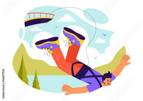 Bungee Jumping Vector Illustration featuring a Person Falling from a Great Height with an Elastic Rope in an Extreme Sport Flat Cartoon Background