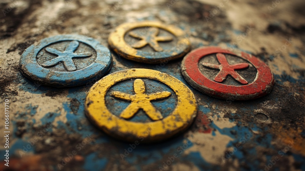 Grunge Colorful Star Discs Game Pieces Beach Toys Retro Vintage