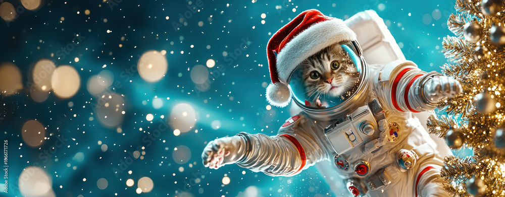 Naklejka premium festive cat in space suit celebrates Christmas among twinkling lights.