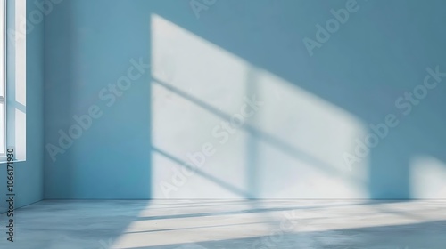 Empty room with light blue empty wall and sunlight. Background for the presentation