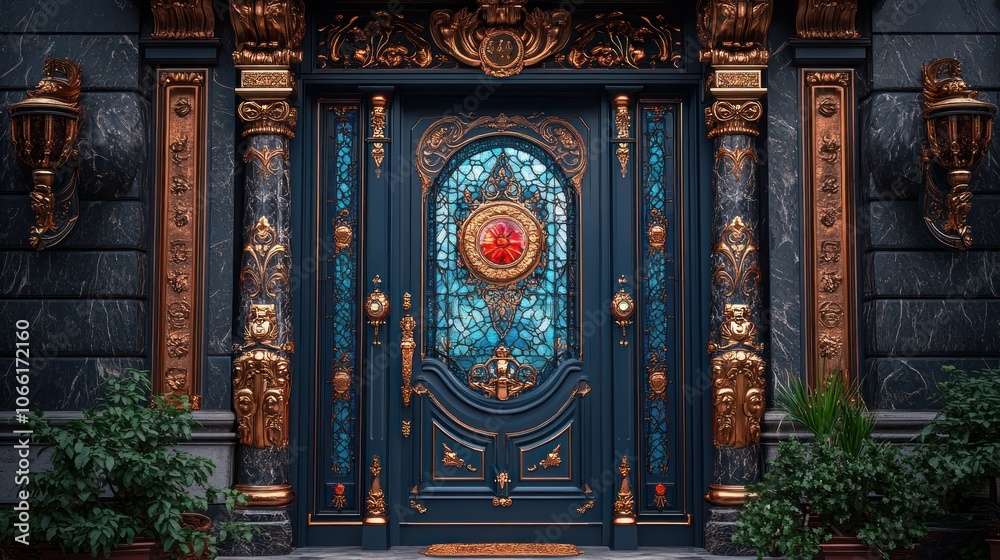 Obraz premium Luxury classic door with stained glass panels and copper accents in 4K detail.