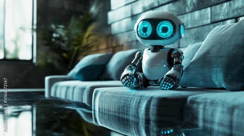 Futuristic Robot on Modern Sofa AI Home Technology Futuristic Robot on Modern Sofa AI Home Technology