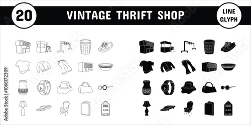 Vintage Thrift Shop Line Glyph Vector Illustration Icon Sticker Set Design Materials