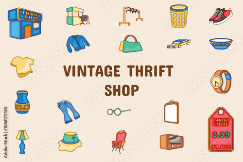 Vintage Thrift Shop Lineal Color Vector Illustration Icon Sticker Set Design Materials